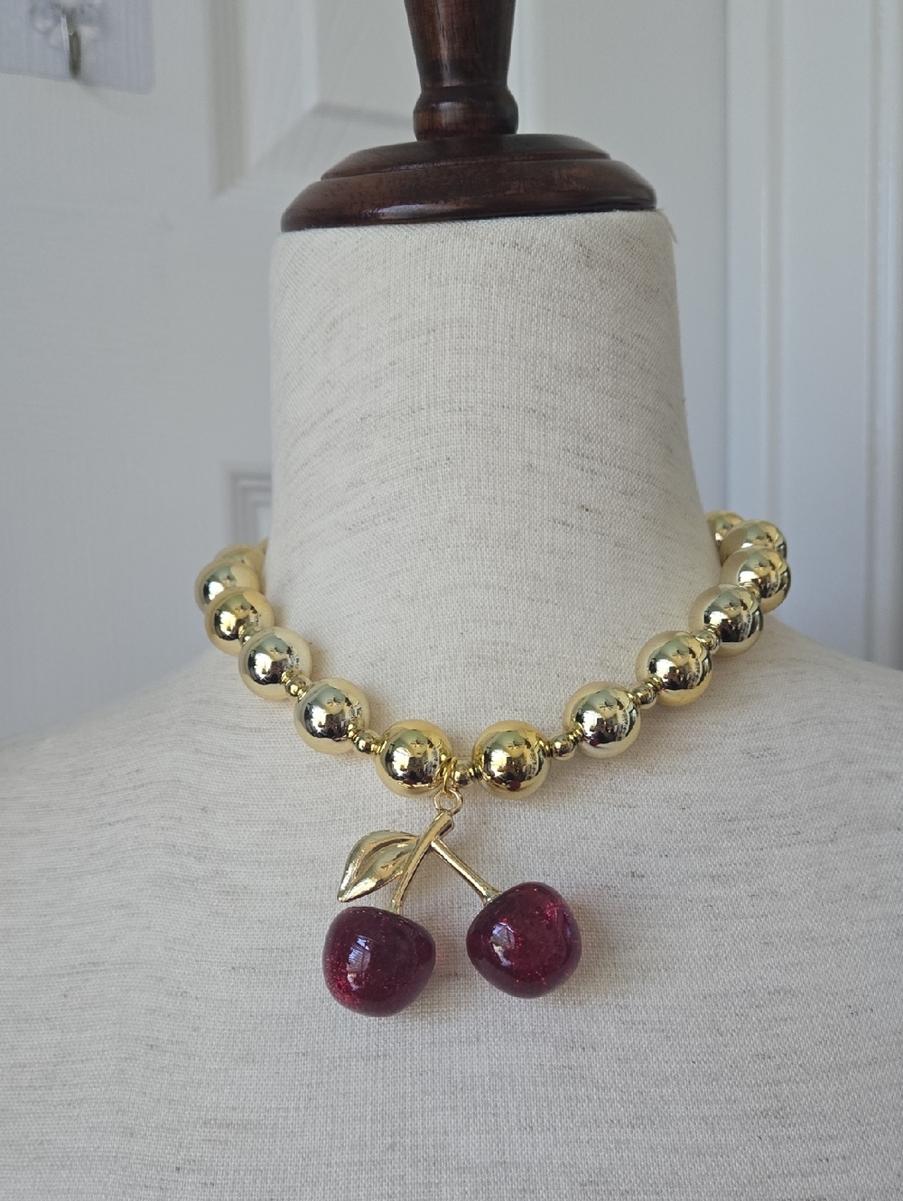 Gold Bead Necklace with Red Cherry Pendant